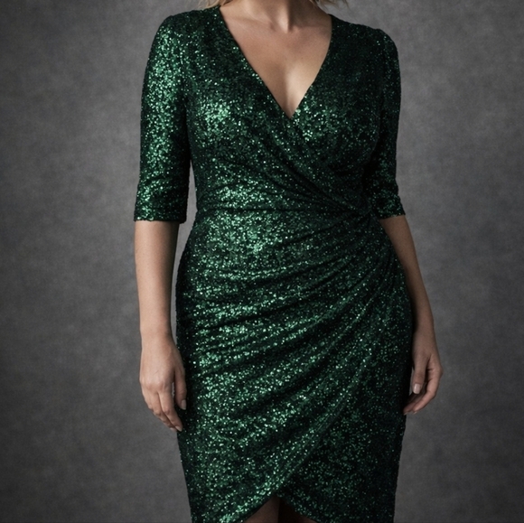 Calvin Klein Green Sequin V-Neck Midi Sheath Dress 3/4 Sleeve Size 14 - Picture 3 of 14